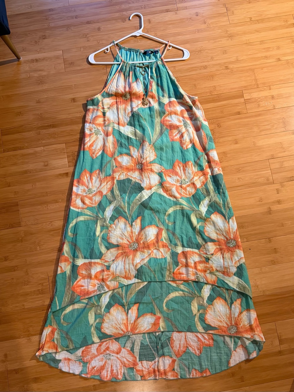 Mlle Gabrielle *FLORAL Green Orange* Boho Halter High-Low Tiered Dress